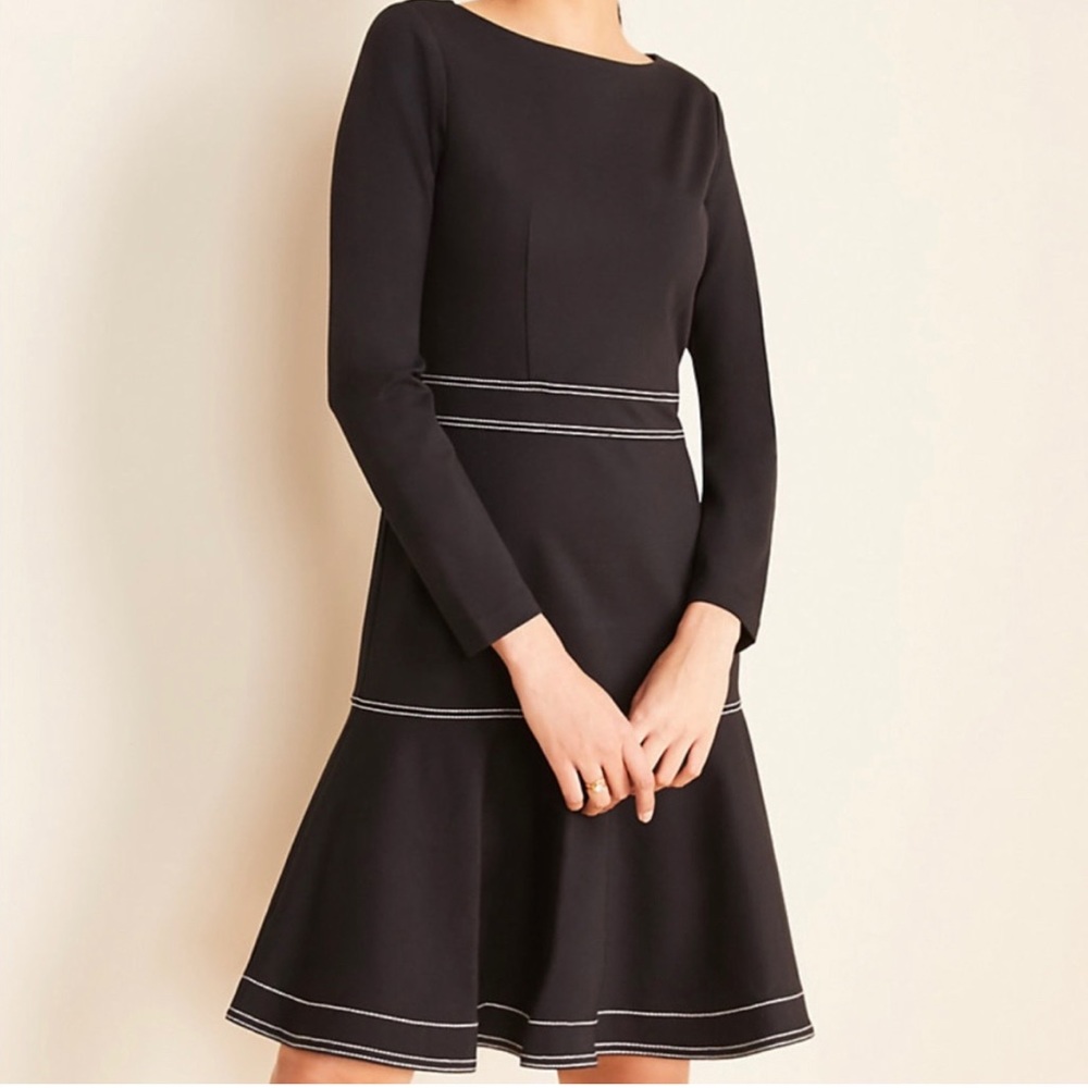 Ann Taylor contrast stitch black ponte flare dress. Size 14